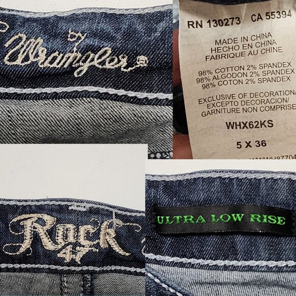 Wrangler Rock 47 Dark Wash Patch Distressed Ultra Low Rise Bootcut Jeans - Picture 5 of 5